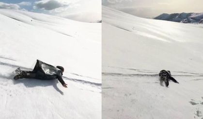 Sivas’ta Kar Keyfi Başka Yaşandı: Poşetle Kaydılar