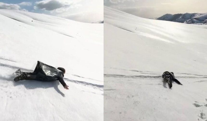 Sivas’ta Kar Keyfi Başka Yaşandı: Poşetle Kaydılar